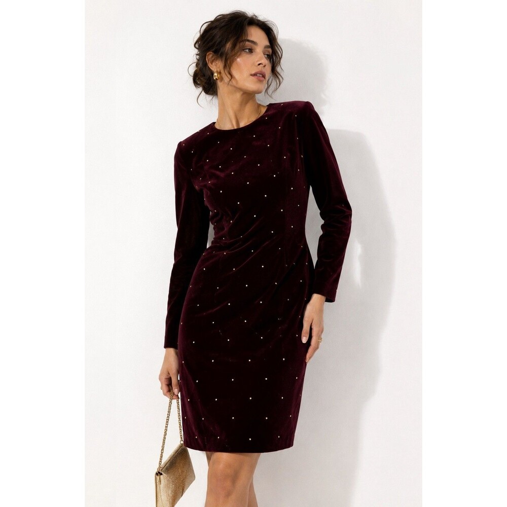 Sarah Burgundy Velvet Gold Studded Sheath Dress Size 36 Vintage Y2K Shoulder Pad
